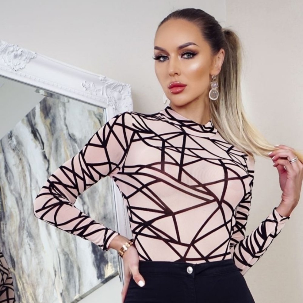 Nude Abstract Print Long Sleeved Mesh Bodysuit - Picture 8 of 15